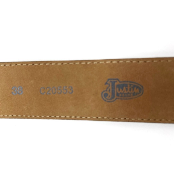 Justin Belts Brown Leather Belt Rhinestone Cross Buckle Sz 38 Western Belt - Picture 3 of 3